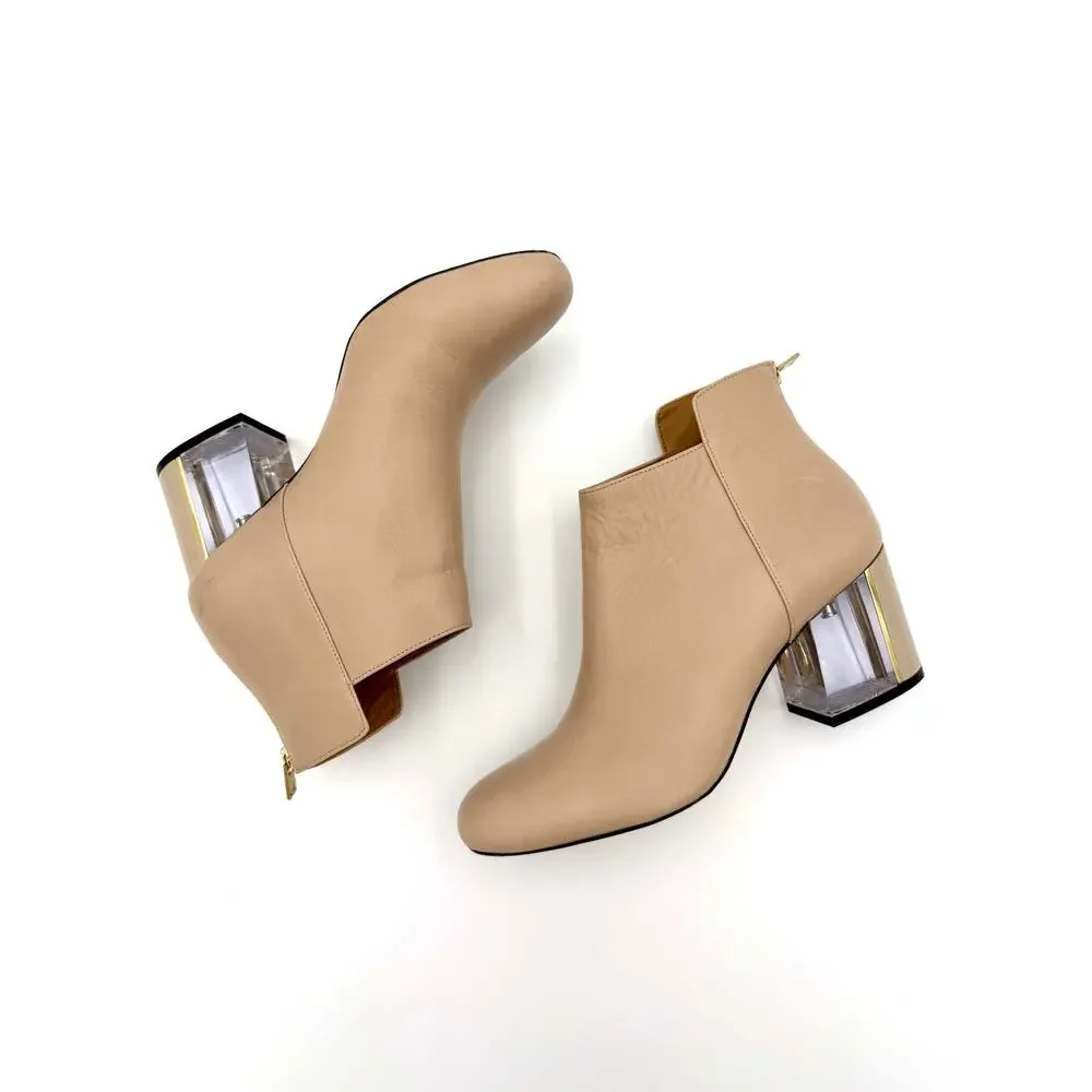 Calvin Klein Lorah Ankle Boots Cream Leather Size 8 Clear Block Heel